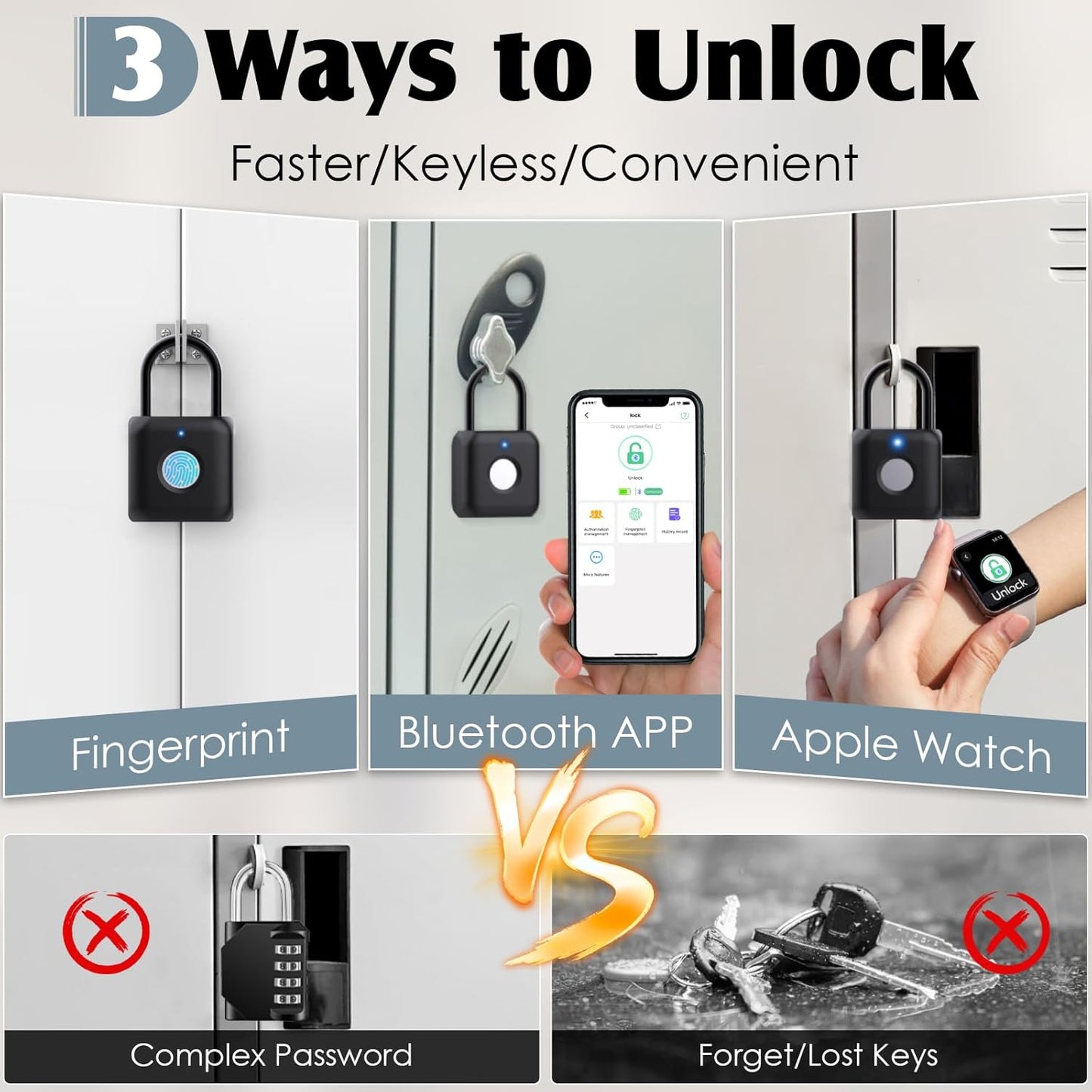 Fingerprint Padlock,Smart Padlock APP Control,Gym Locker Lock,Fingerprint Lock USB Rechargeable for Gym Locker,Locker, School,Storage Black
